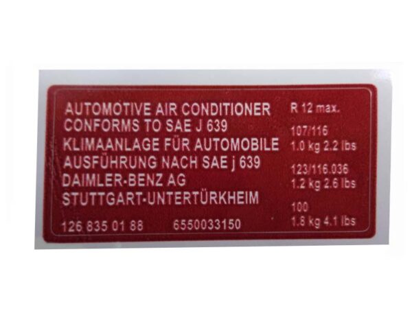 Sticker for Mercedes W124 W126 W201 R107 R129 air conditioning