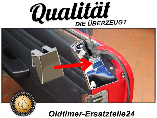 Chrome end piece at the rear of the Mercedes R107 door on the right