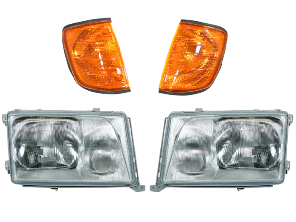 1 set of headlights H4/H3 with LWR + indicators in yellow for Mercedes W124