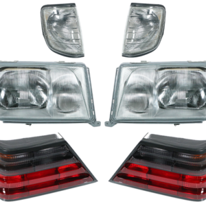 Front headlights with LWR + indicators in smoke gray + tail lights for Mercedes W124